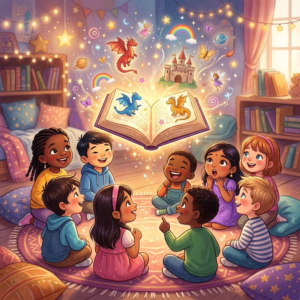 Children gathered around a magical glowing storybook with dragons, castles, and rainbows